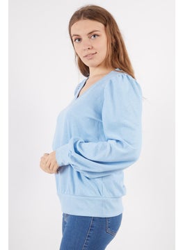 INC Women V-neck Long Sleeve Textured Blouse, Blue  - Image 4