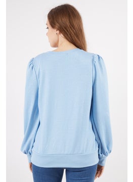 INC Women V-neck Long Sleeve Textured Blouse, Blue  - Image 3