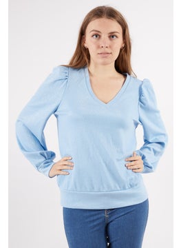 INC Women V-neck Long Sleeve Textured Blouse, Blue  - Image 1