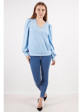 INC Women V-neck Long Sleeve Textured Blouse, Blue  - Image 2