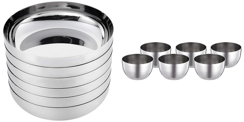 RJ kitchenware Store Stainless Steel Elyssa HalwaDessert Plate Set 6 Pieces 125cm Dia Plate Bowl 8cm Dia - Image 1
