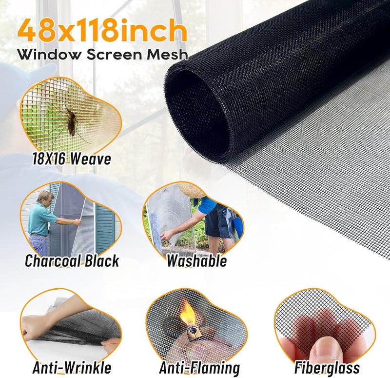 King&Charles Window Screen Door Mesh, Window Screen Replacement/Repair Kit, 48”x118” Fiberglass Black Mesh, Durable&Visibility & Cuttable & Washble, Easy to Replace/Install/DIY - Image 2