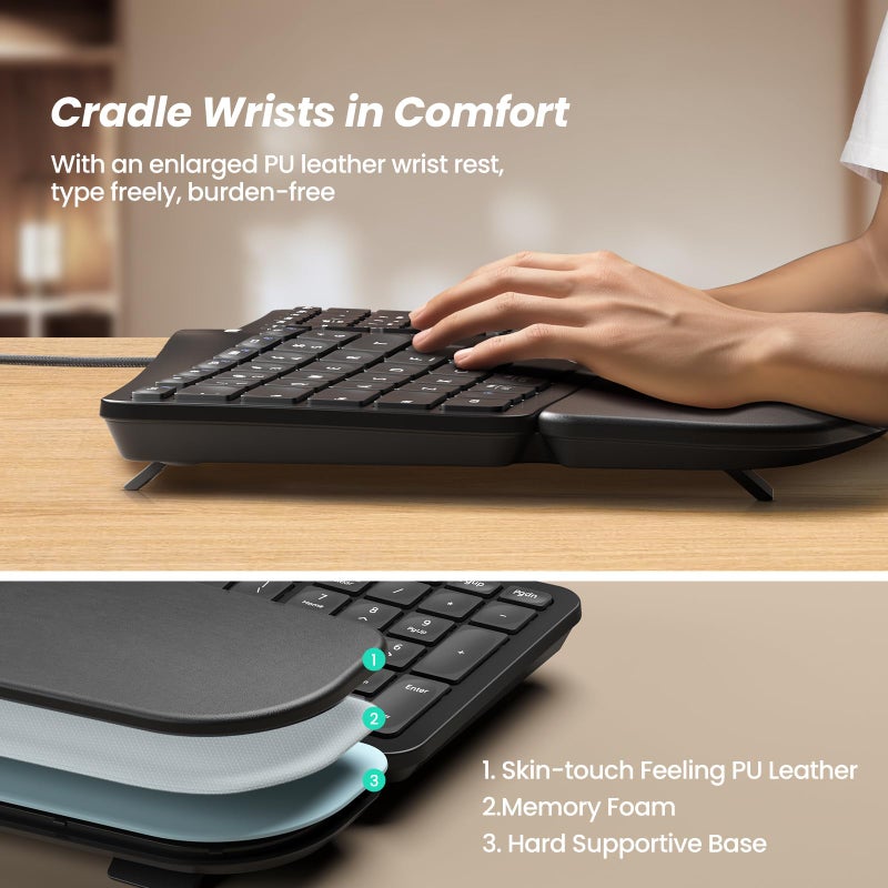Nulea RT05C Wired Ergonomic Keyboard, Split Keyboard with Cushioned Wrist Rest, Adjustable Tilt Legs, Plug and Play, USB Corded, Compatible with Windows/Mac - Image 5
