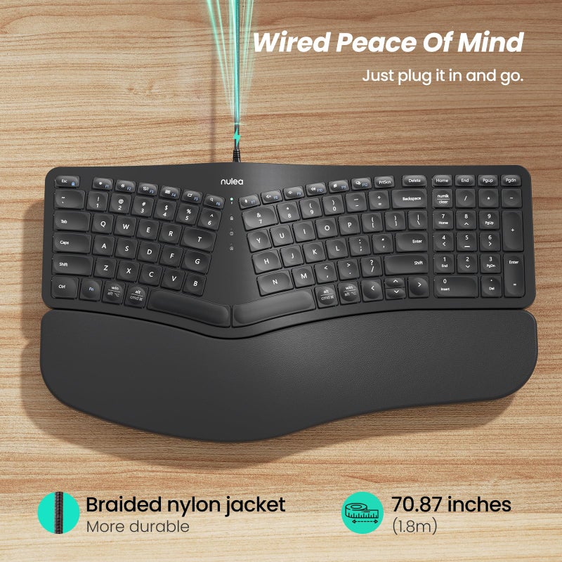 Nulea RT05C Wired Ergonomic Keyboard, Split Keyboard with Cushioned Wrist Rest, Adjustable Tilt Legs, Plug and Play, USB Corded, Compatible with Windows/Mac - Image 3