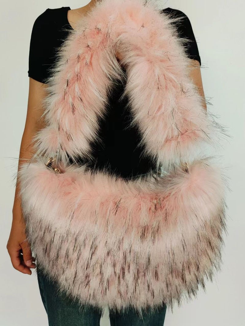 New Cute Faux Fur Peach Heart Plush Bag Imitation Raccoon Fur Personality Handbag Girl Style Faux Fur Bag - Image 3