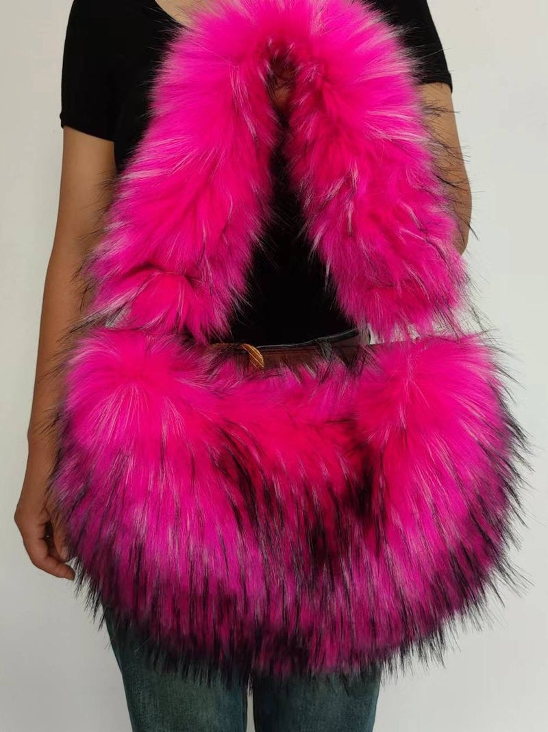 New Cute Faux Fur Peach Heart Plush Bag Imitation Raccoon Fur Personality Handbag Girl Style Faux Fur Bag - Image 2