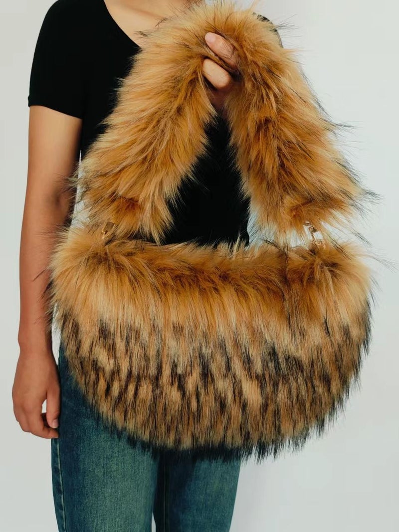 New Cute Faux Fur Peach Heart Plush Bag Imitation Raccoon Fur Personality Handbag Girl Style Faux Fur Bag - Image 4