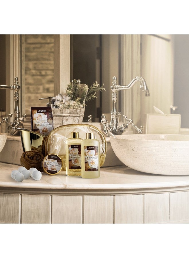 LOVERY Valentines Day Gifts Home Spa Gift Basket, Luxury 13pc Bath & Body Set Men & Women, White Rose & Jasmine Scent - Shower Gel, Bubble Bath, Body Scrub, Salts, 6 Bath Bombs, Pouf, Cosmetic Bag & Gold Tub - Image 2