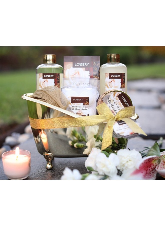 LOVERY Valentines Day Gifts Home Spa Gift Basket, Luxury 13pc Bath & Body Set Men & Women, White Rose & Jasmine Scent - Shower Gel, Bubble Bath, Body Scrub, Salts, 6 Bath Bombs, Pouf, Cosmetic Bag & Gold Tub - Image 3