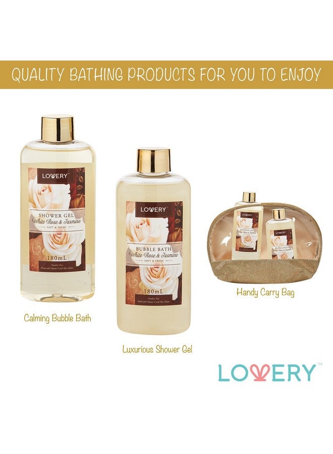 LOVERY Valentines Day Gifts Home Spa Gift Basket, Luxury 13pc Bath & Body Set Men & Women, White Rose & Jasmine Scent - Shower Gel, Bubble Bath, Body Scrub, Salts, 6 Bath Bombs, Pouf, Cosmetic Bag & Gold Tub - Image 4