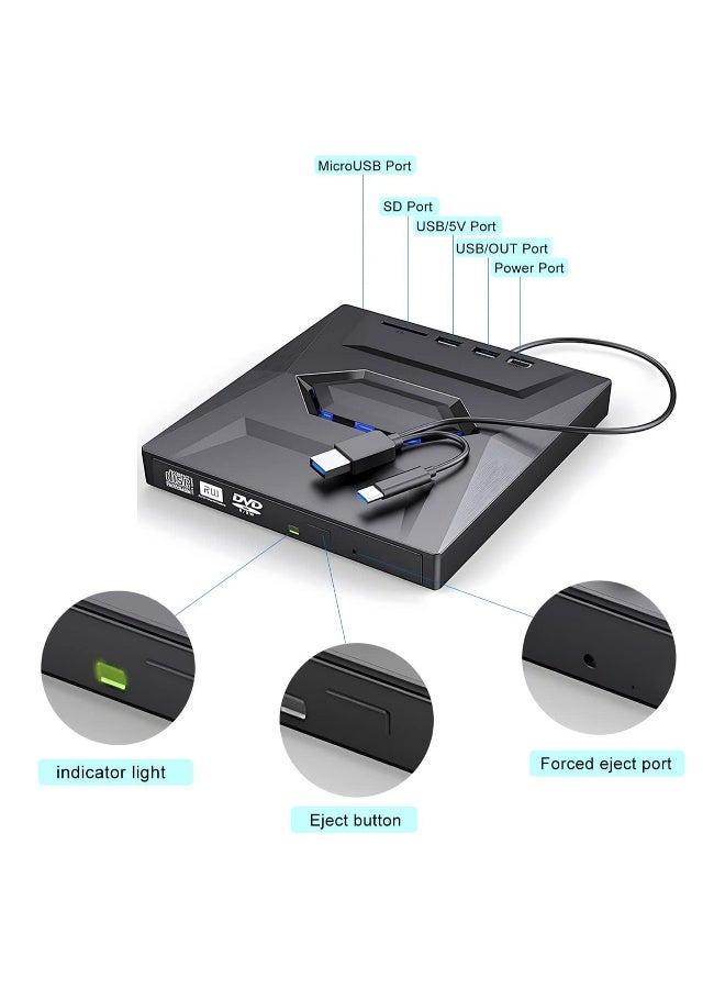 محرك أقراص CD/DVD خارجي، مشغل USB 3.0 محمول، ناسخ ومحرر صوت منخفض الضوضاء لنقل البيانات بسرعة عالية لأجهزة الكمبيوتر المحمولة والمكتبية، يدعم أنظمة التشغيل Windows 7/8/10/XP وMac OS/Linux