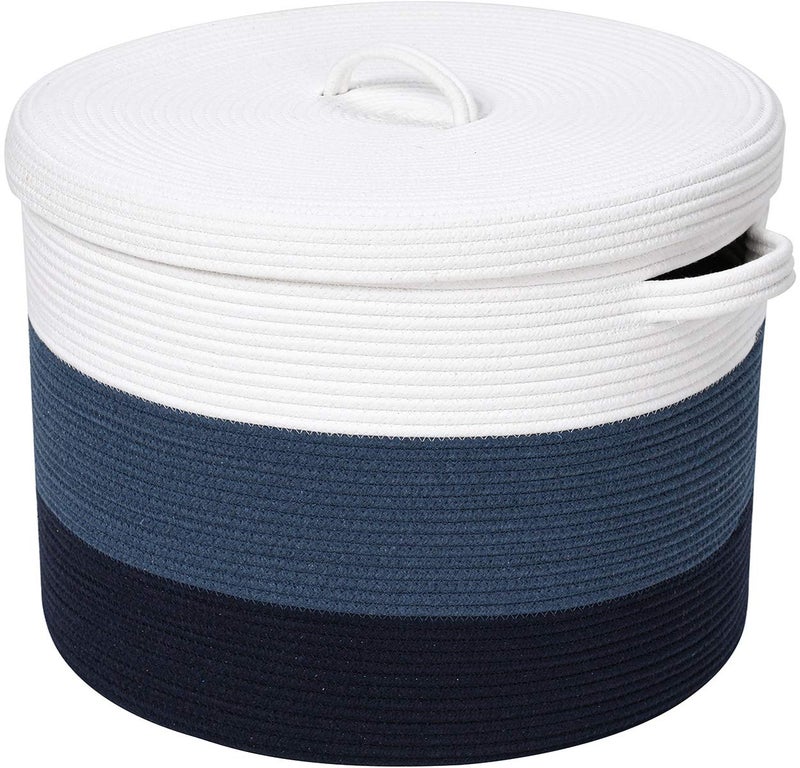 Cottonphant 20" x 20" x 15" Extra Large Storage Basket with Lid, Cotton Rope Storage Baskets, Laundry Hamper, Cloth Bin, for Clothes Towels Blankets Pillows Storage in Living Room, Dark Blue/Deep Blue with Cover - Image 5