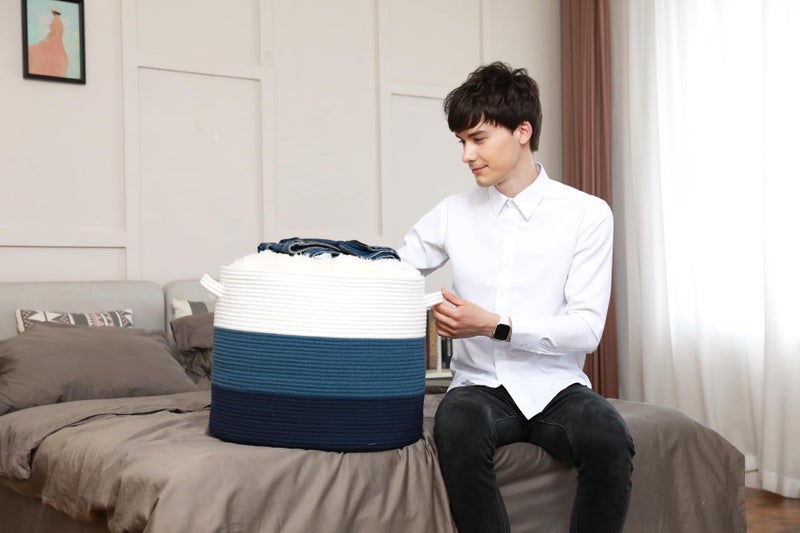 Cottonphant 20" x 20" x 15" Extra Large Storage Basket with Lid, Cotton Rope Storage Baskets, Laundry Hamper, Cloth Bin, for Clothes Towels Blankets Pillows Storage in Living Room, Dark Blue/Deep Blue with Cover - Image 2