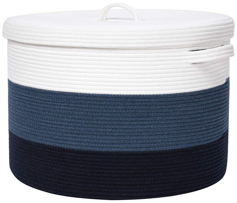 Cottonphant 20" x 20" x 15" Extra Large Storage Basket with Lid, Cotton Rope Storage Baskets, Laundry Hamper, Cloth Bin, for Clothes Towels Blankets Pillows Storage in Living Room, Dark Blue/Deep Blue with Cover - Image 1