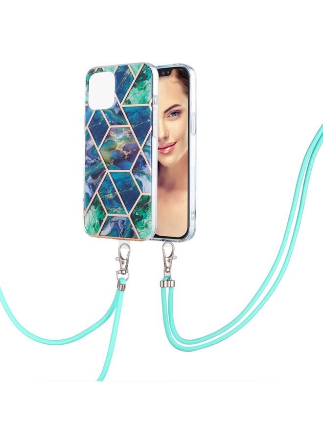 S-TOP Case For iPhone 13 Electroplating Splicing Marble Pattern Dual-side IMD TPU Shockproof Case with Neck Lanyard - Image 2