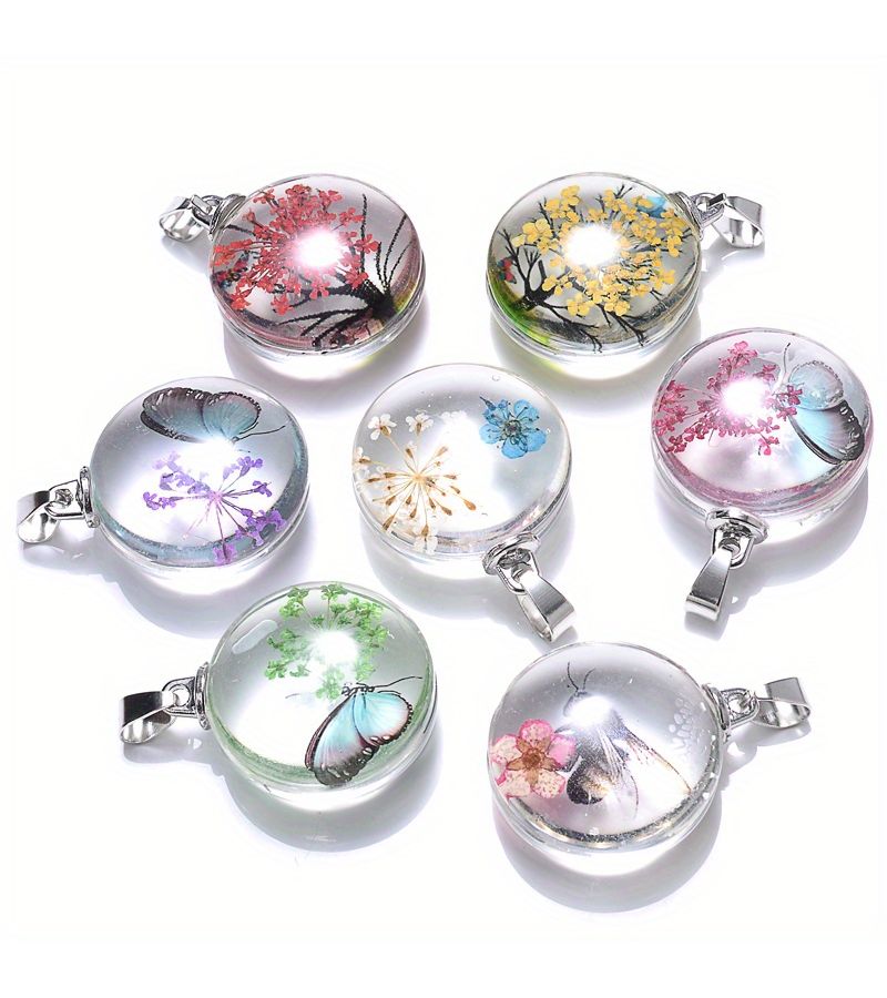 3pcs 25x56mm Resin Alloy Transparent Round Glass Dried Flower Butterfly Pendants For Jewelry Making - Image 1