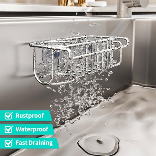 HapiRm 4 in 1 Sink Caddy Sponge Holder, SUS304 Stainless Steel Kitchen Brush Holder + Dish Cloth Hanger + Soap Rack + Sink Stopper Rack + Sponge Caddy for Kitchen - Silver - Image 4