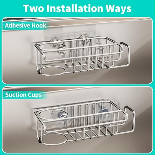 HapiRm 4 in 1 Sink Caddy Sponge Holder, SUS304 Stainless Steel Kitchen Brush Holder + Dish Cloth Hanger + Soap Rack + Sink Stopper Rack + Sponge Caddy for Kitchen - Silver - Image 3