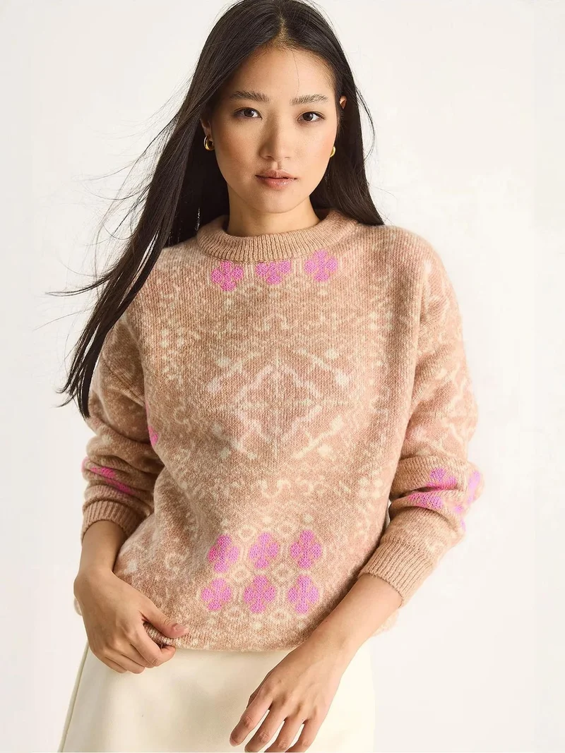 بيانكو لوتشي كنزة صوفية بأكمام طويلة وياقة دائرية بنقوش عرقية من لوتشي