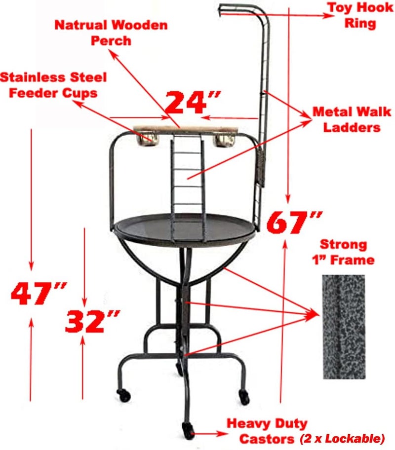 Mcage Large Elegant and Durable Parrot Bird Play Gym Ground Wrought Iron Rolling Stand Removable Metal Tray With Climbing Metal Ladder Toy Hook - Image 1