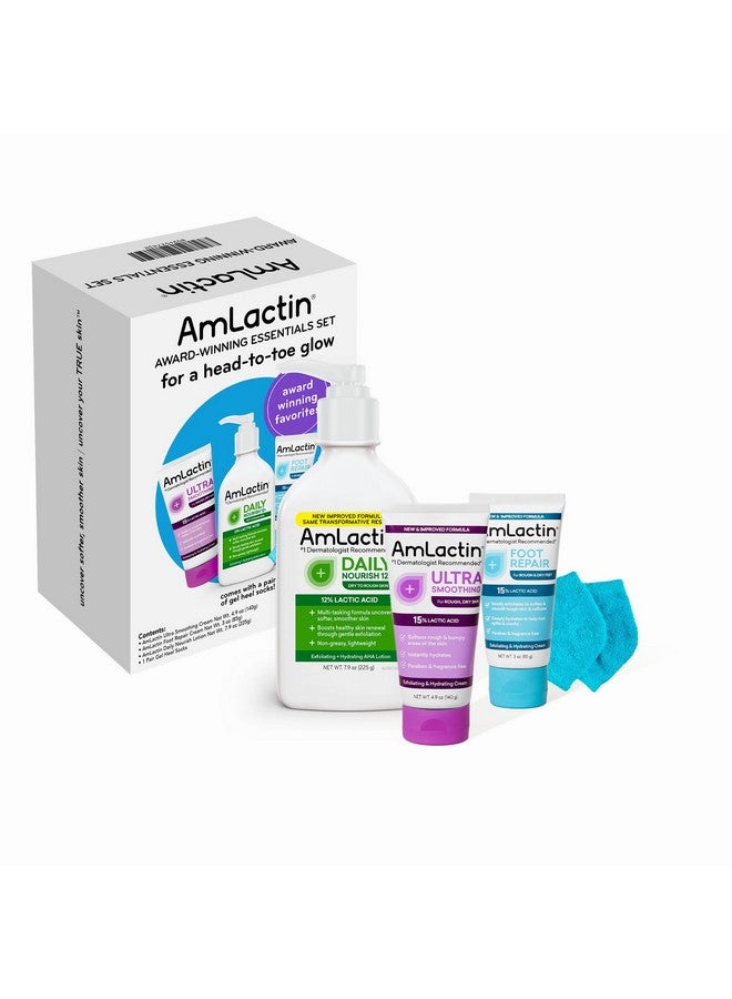 AmLactin AmLactin Award-Winning Essentials Skin Care Set - Daily Nourish 12% Lotion, Ultra Smoothing Cream, Foot Repair Cream & Moisturizing Socks - Lactic Acid Moisturizer Gift Set for Whole-Body Skin Renewal - Image 1