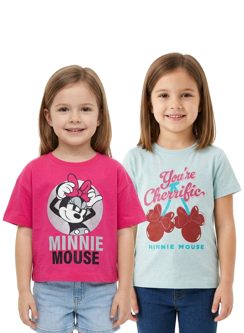 Disney Minnie Mouse Toddler Girls T-Shirt Pack of 2 | Short Sleeve Graphic Print Tees | Soft Cotton Crew Neck Casual T-Shirts for Toddlers