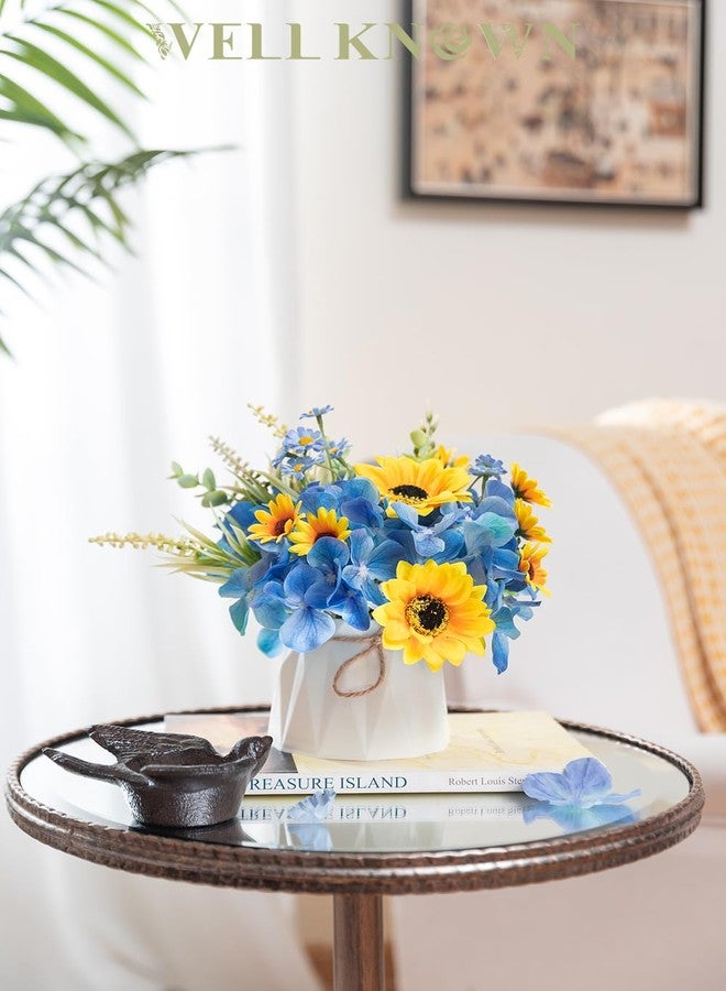 WELL KNOWN Small Fake Flowers in Plastic Vase 7" Centerpieces Coffee Table Decor, Silk Sunflower Arrangement for Home Decor Artificial Flower Bouquet for Dining Room Kitchen Wedding Summer Yellow Blue - Image 5