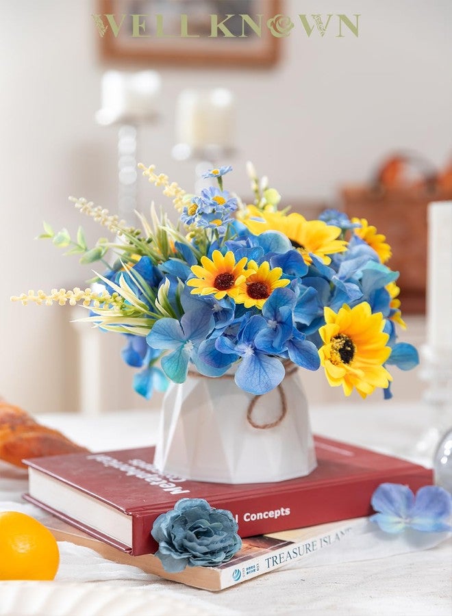 WELL KNOWN Small Fake Flowers in Plastic Vase 7" Centerpieces Coffee Table Decor, Silk Sunflower Arrangement for Home Decor Artificial Flower Bouquet for Dining Room Kitchen Wedding Summer Yellow Blue - Image 3