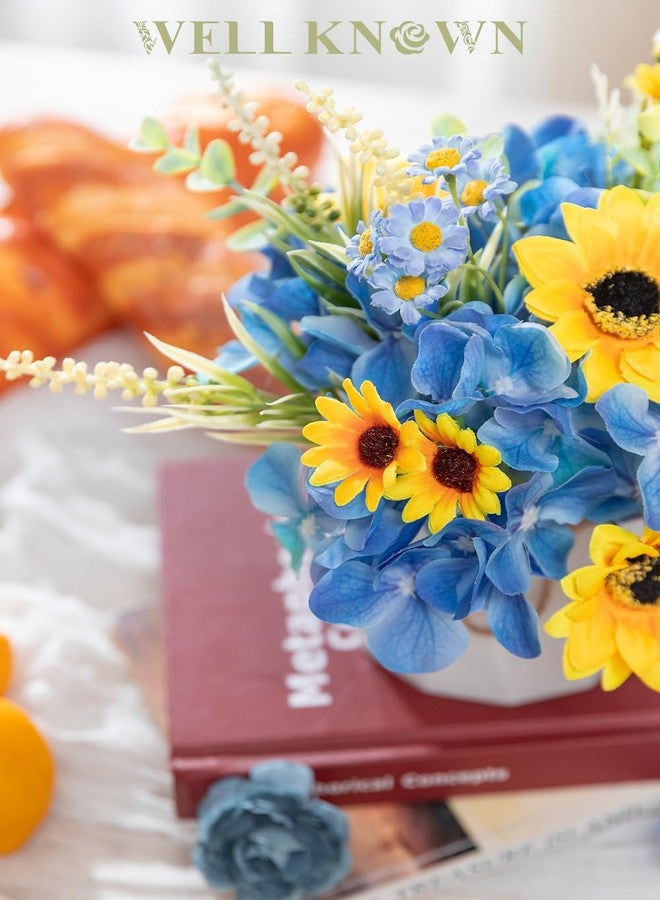 WELL KNOWN Small Fake Flowers in Plastic Vase 7" Centerpieces Coffee Table Decor, Silk Sunflower Arrangement for Home Decor Artificial Flower Bouquet for Dining Room Kitchen Wedding Summer Yellow Blue - Image 4