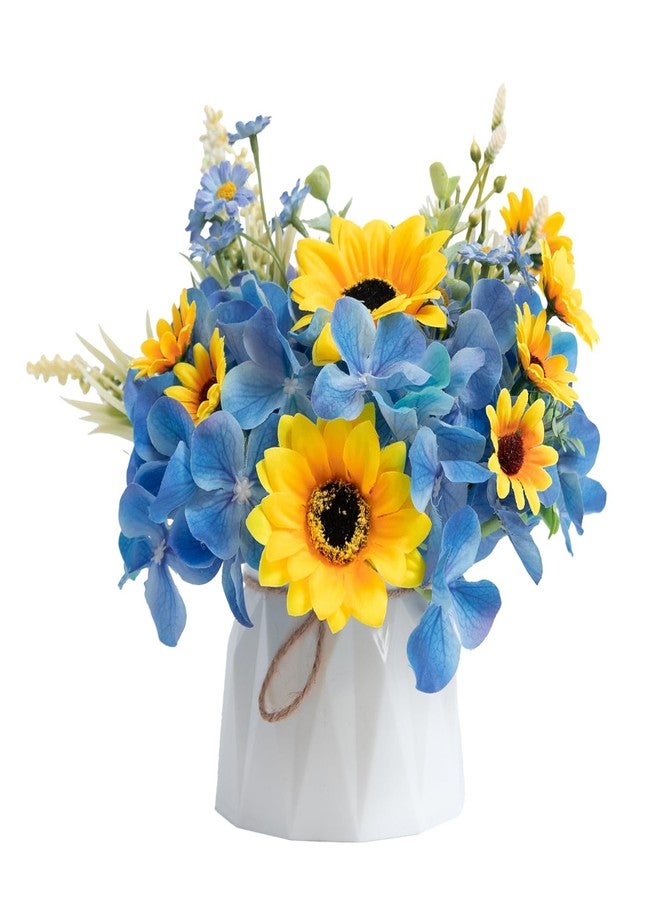 WELL KNOWN Small Fake Flowers in Plastic Vase 7" Centerpieces Coffee Table Decor, Silk Sunflower Arrangement for Home Decor Artificial Flower Bouquet for Dining Room Kitchen Wedding Summer Yellow Blue - Image 1