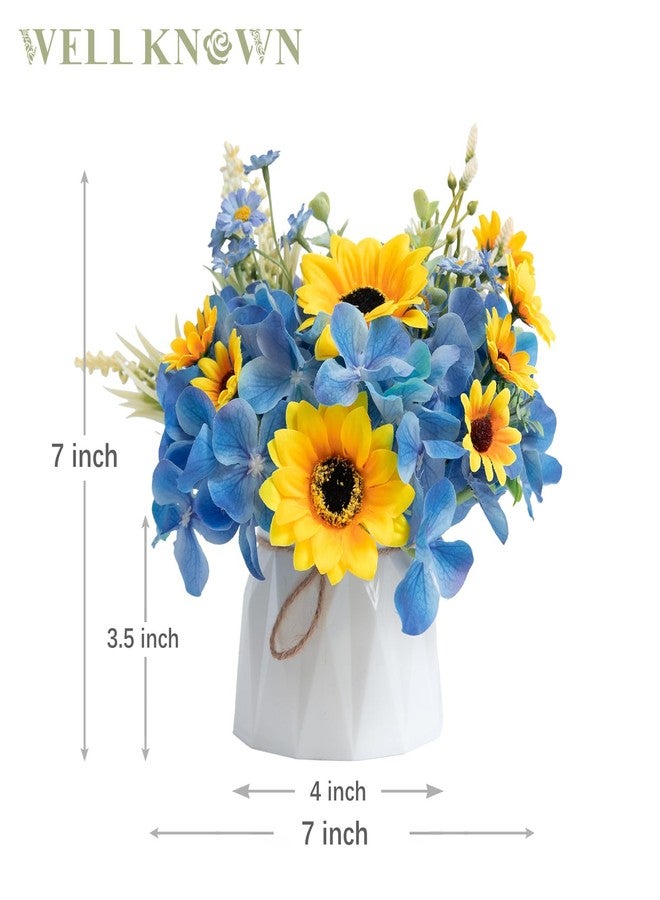 WELL KNOWN Small Fake Flowers in Plastic Vase 7" Centerpieces Coffee Table Decor, Silk Sunflower Arrangement for Home Decor Artificial Flower Bouquet for Dining Room Kitchen Wedding Summer Yellow Blue - Image 2
