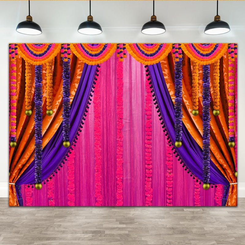 خلفية تصوير لوفاريس الهندية الأرجوانية لاحتفالات بوجا غانباتي زينة مهرجان المهرندي التقليدي لزينة حفلات الزفاف لافتات زهور الماريغولد 7x5 قدم