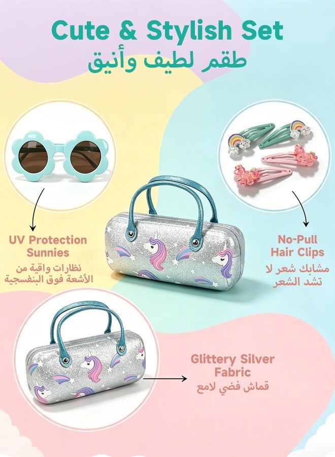 SOOO GOOD Sunglasses Set with Glittery Unicorn Glasses Case, Flower Shaped Shades and 4 Pcs Hair Clips, Fashion Party Dress Up Accessories, Suitable for Beaches, Outdoor Activities, and Parties - Image 3