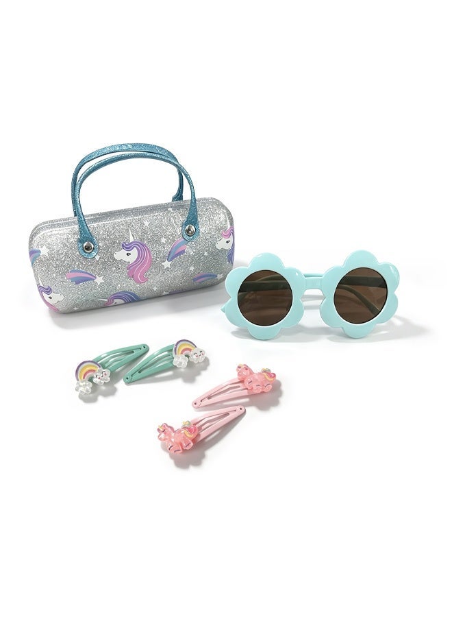 SOOO GOOD Sunglasses Set with Glittery Unicorn Glasses Case, Flower Shaped Shades and 4 Pcs Hair Clips, Fashion Party Dress Up Accessories, Suitable for Beaches, Outdoor Activities, and Parties - Image 1