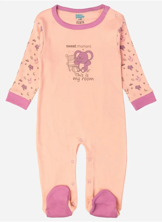 Babies Basic Printed Cotton Long Sleeves Sleepsuit