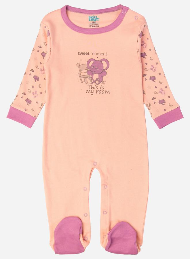 Babies Basic Printed Cotton Long Sleeves Sleepsuit - Image 1