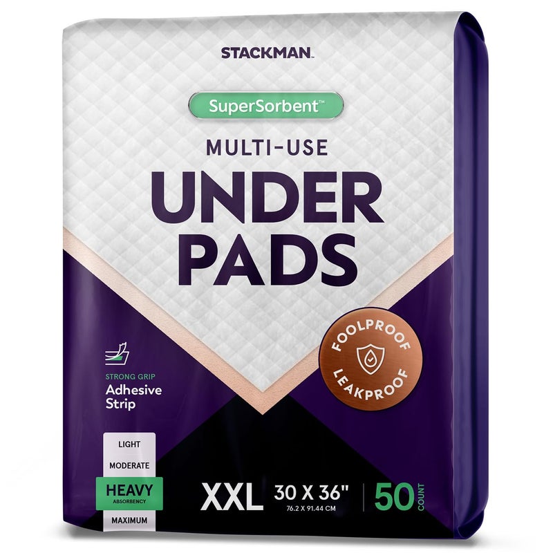 Stack Man Heavy Absorbency Bed Pads, XXL Disposable 30 x 36 Chucks Pee Pads for Incontinence Bed Wetting for Adults, Elderly & Kids [50 Pads] Extra Large Underpads - 30x36 - With 2 Adhesive Strips on Each Pad - Image 1