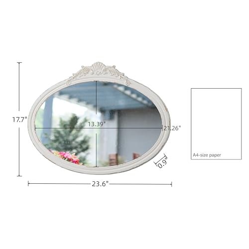 Sintosin Vintage Oval Bathroom Mirrors for Over Sink 24" X 18", Wall Hanging Antique Arendahl Mirrors for Bedroom, Horizontal Distressed White Farmhouse Wood Baroque Mirror for Living Room - Image 2