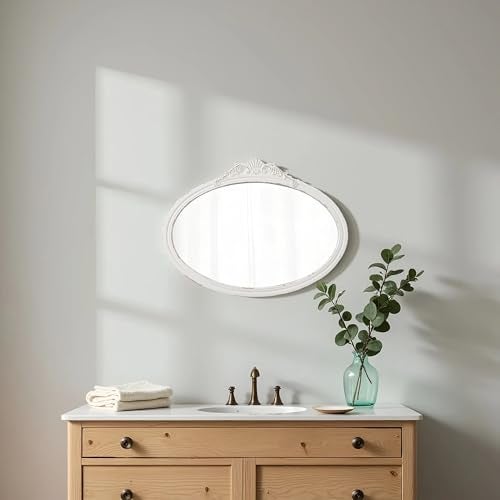 Sintosin Vintage Oval Bathroom Mirrors for Over Sink 24" X 18", Wall Hanging Antique Arendahl Mirrors for Bedroom, Horizontal Distressed White Farmhouse Wood Baroque Mirror for Living Room - Image 3