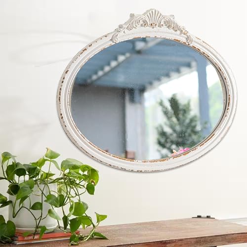 Sintosin Vintage Oval Bathroom Mirrors for Over Sink 24" X 18", Wall Hanging Antique Arendahl Mirrors for Bedroom, Horizontal Distressed White Farmhouse Wood Baroque Mirror for Living Room - Image 5