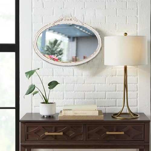 Sintosin Vintage Oval Bathroom Mirrors for Over Sink 24" X 18", Wall Hanging Antique Arendahl Mirrors for Bedroom, Horizontal Distressed White Farmhouse Wood Baroque Mirror for Living Room - Image 4