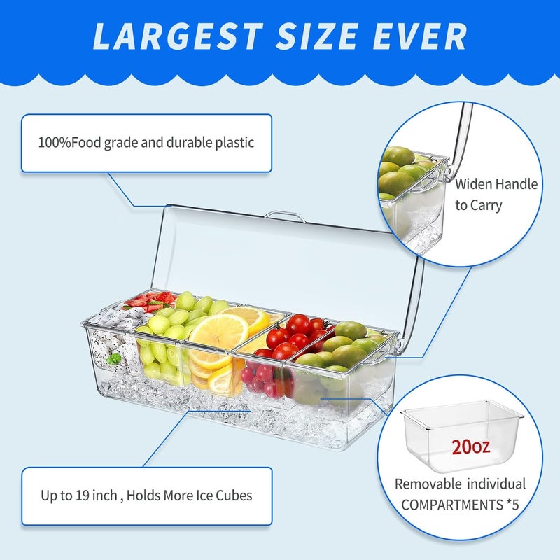 PADELE 2 Pack Large Ice Chilled Condiment Caddy，Chilled Condiment Containers Server with Lids for 5 Removable Compartments，Serving Platters, Fruit & Garnish Tray for Party Supplies & Bar（2 Pack） - Image 3