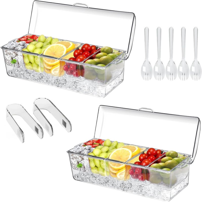 PADELE 2 Pack Large Ice Chilled Condiment Caddy，Chilled Condiment Containers Server with Lids for 5 Removable Compartments，Serving Platters, Fruit & Garnish Tray for Party Supplies & Bar（2 Pack） - Image 1