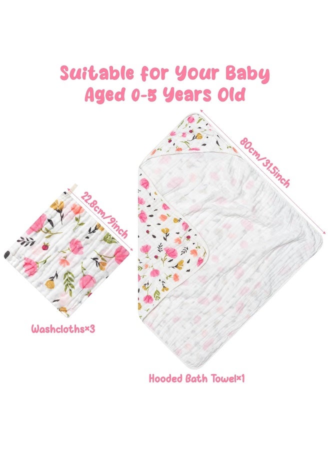 Zainpe 4Pcs Muslin Baby Hooded Towel & Washcloth Set Pink Flowers Pattern Soft Absorbent Cotton Bath Hood Towels for Newborn Toddlers Essentials Boys Girls Infant Shower Gift 31.5 x 31.5 in - Image 2