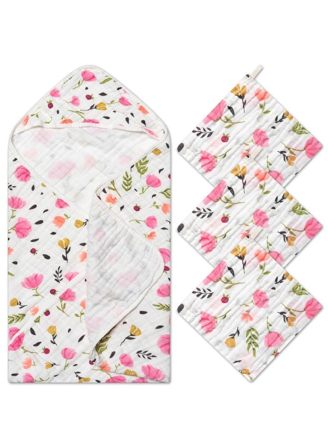 Zainpe 4Pcs Muslin Baby Hooded Towel & Washcloth Set Pink Flowers Pattern Soft Absorbent Cotton Bath Hood Towels for Newborn Toddlers Essentials Boys Girls Infant Shower Gift 31.5 x 31.5 in - Image 1