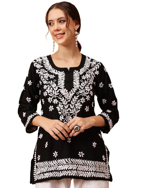 Ada Hand Embroidered Lucknowi Chikankari Muslin Straight Top Tunic Short Kurti for Women A911419 Black (L) - Image 1