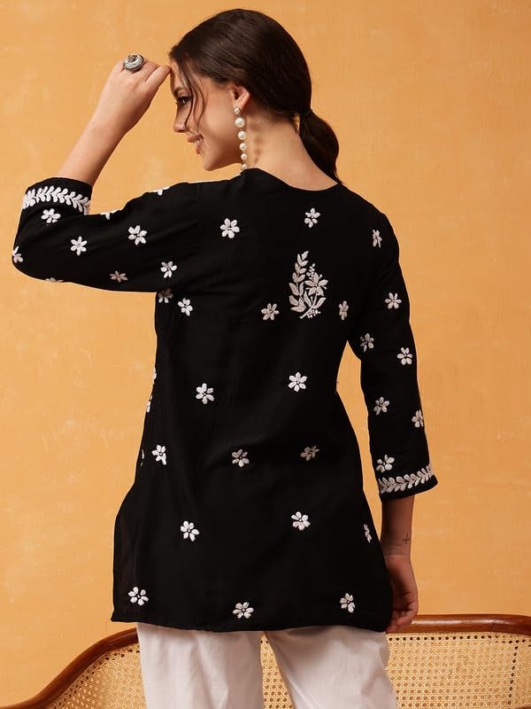 Ada Hand Embroidered Lucknowi Chikankari Muslin Straight Top Tunic Short Kurti for Women A911419 Black (L) - Image 2