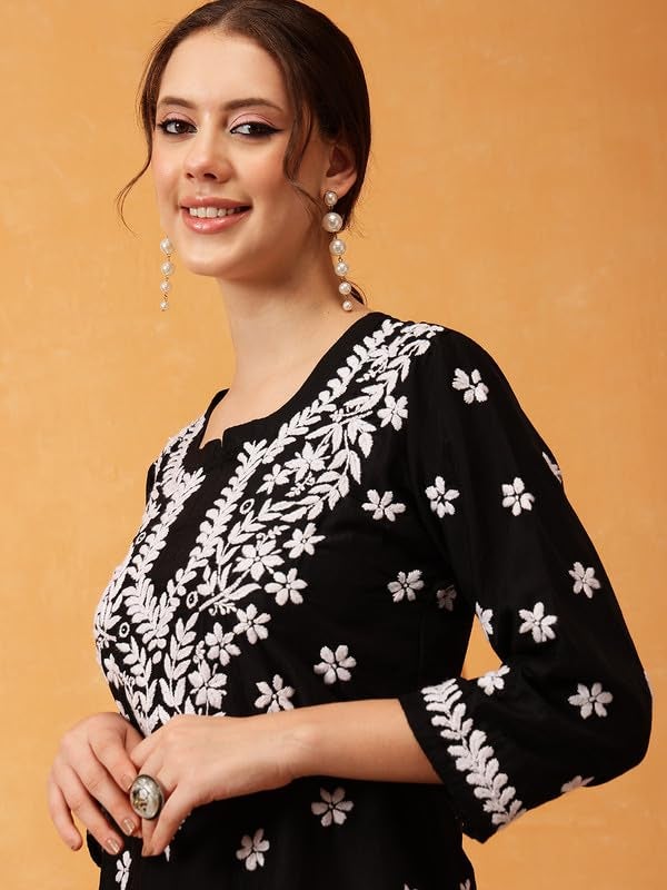 Ada Hand Embroidered Lucknowi Chikankari Muslin Straight Top Tunic Short Kurti for Women A911419 Black (L) - Image 5