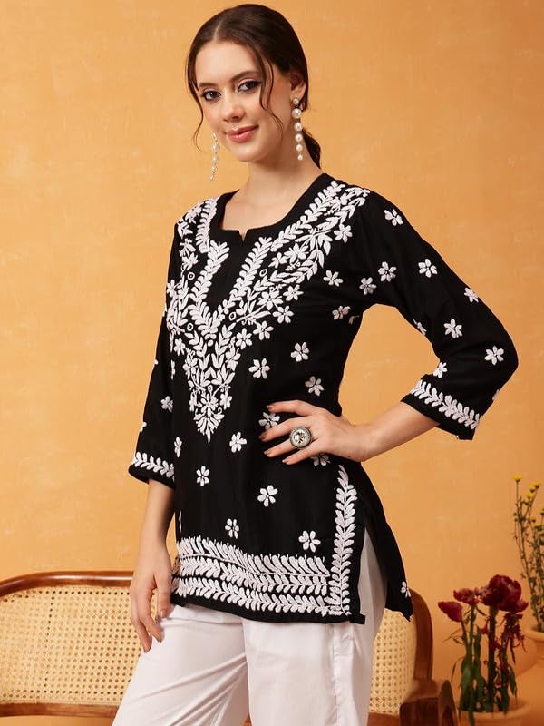 Ada Hand Embroidered Lucknowi Chikankari Muslin Straight Top Tunic Short Kurti for Women A911419 Black (L) - Image 4