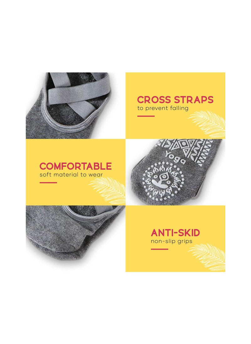 Cool Baby COOLBABY Yoga Socks by Meego for Women Non Slip Grips & Straps, 3 Pairs, Black Grey & Red with Carrying Pouch, One Ideal Size, Sticky Grippers for Pilates, Pure Barre  - Image 3
